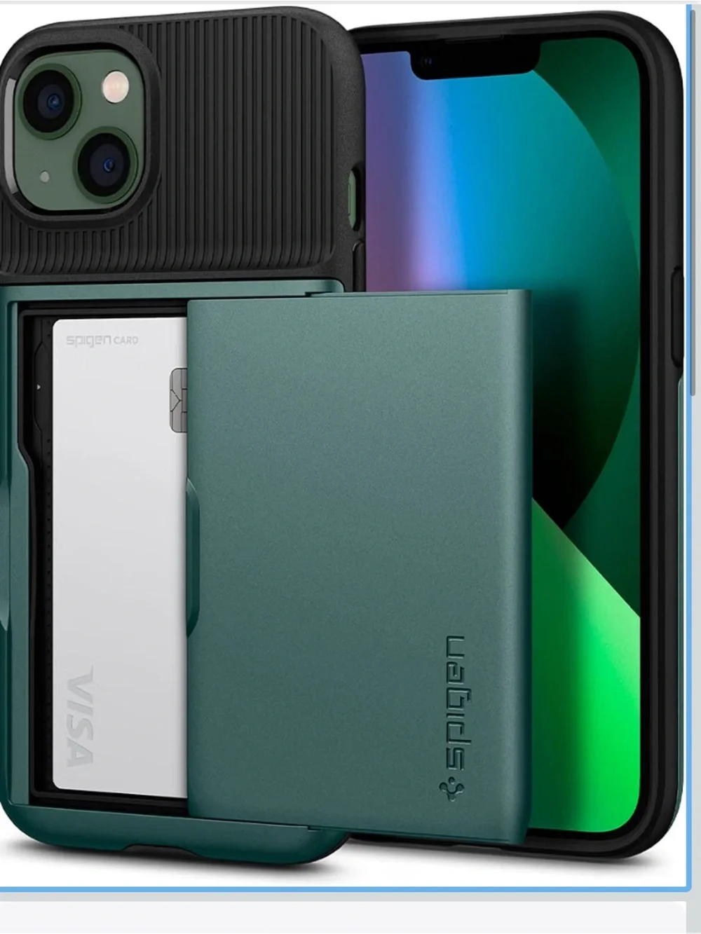 Spigen iPhone 13 Card Slot Case in Forest Green with Sliding Wallet